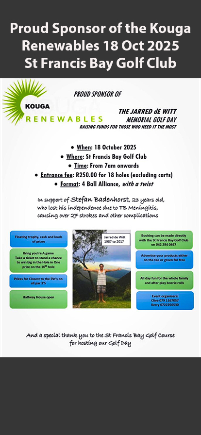 Proud Sponsor of the Kouga Renewables 18 Oct 2025 St Francis Bay Golf Club
