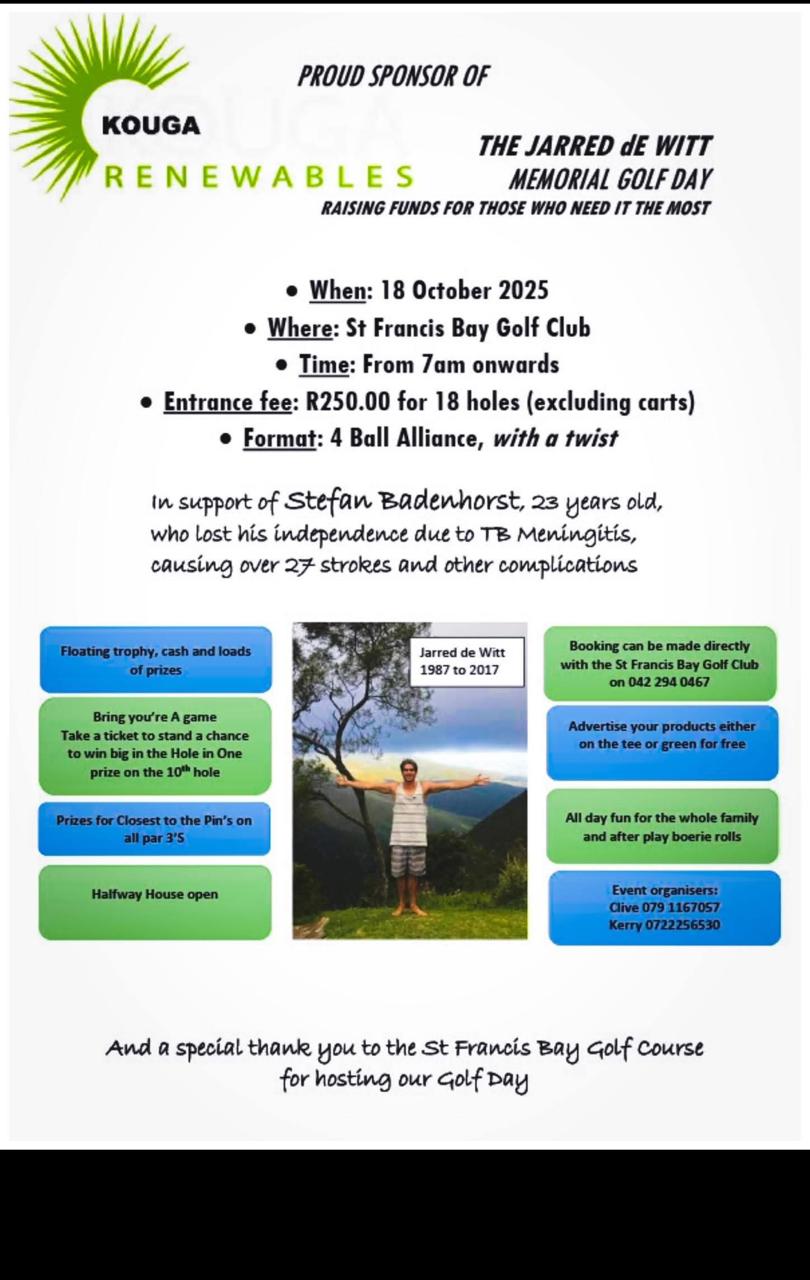THE JARRED dE WITT Memorial Golf Day 18 Oct 2025 St Francis Bay Golf Club