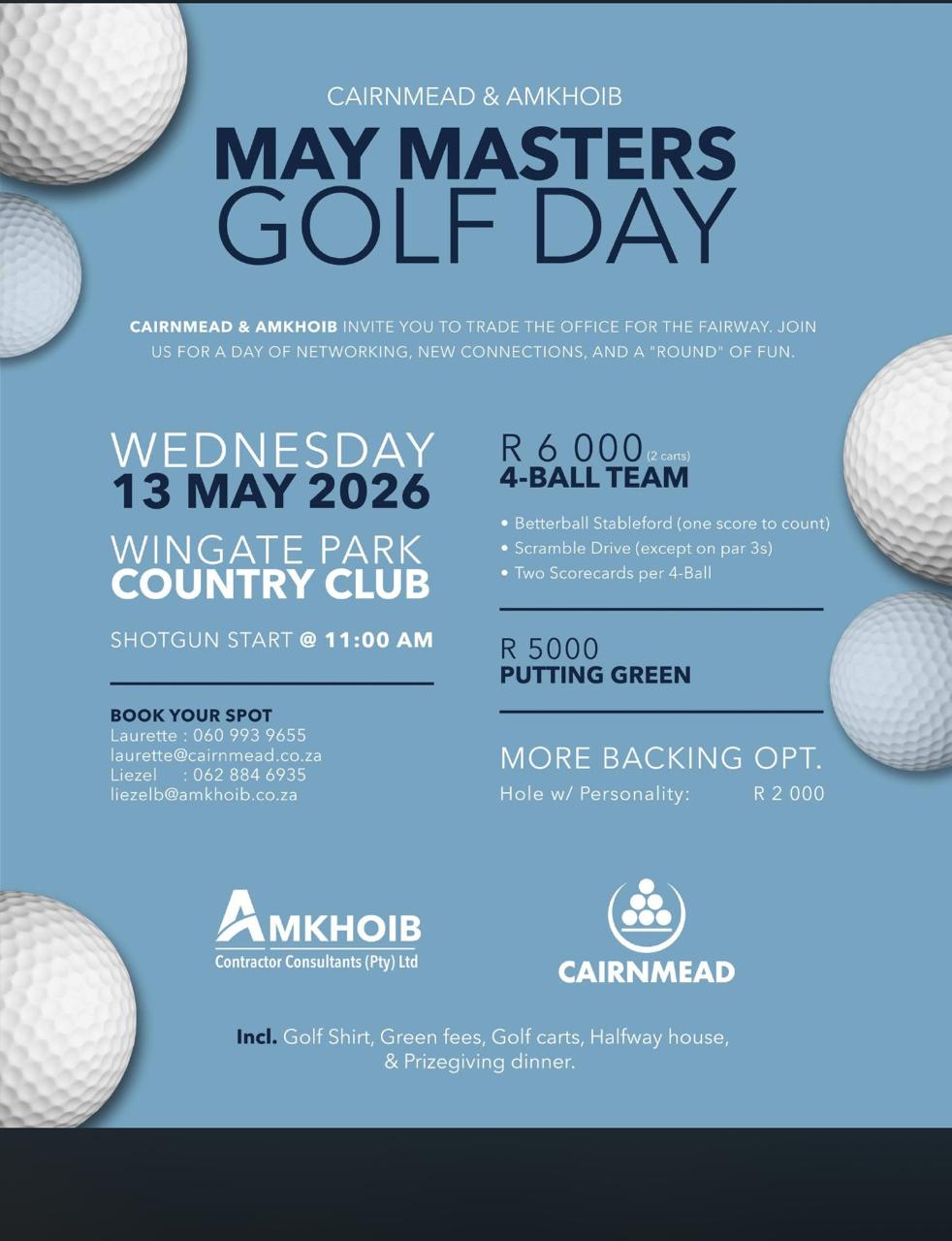 Cairnmead & Amkhoid MAY MASTERS GOLF DAY 13 May 2026 Wingate Park Country Club