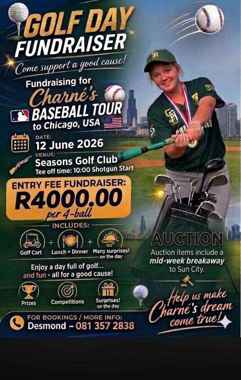 Fundraising for Charné's Baseball Tour 12 June 2026 Seasons Golf Club