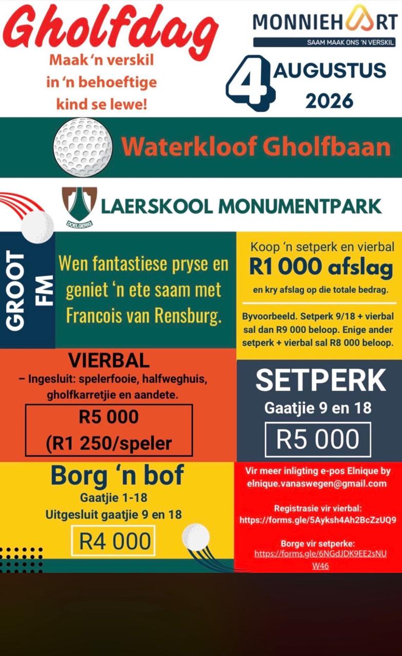 Laerskool Monument park Gholfdag 4 Aug 2026 Waterkloof Gholfbaan